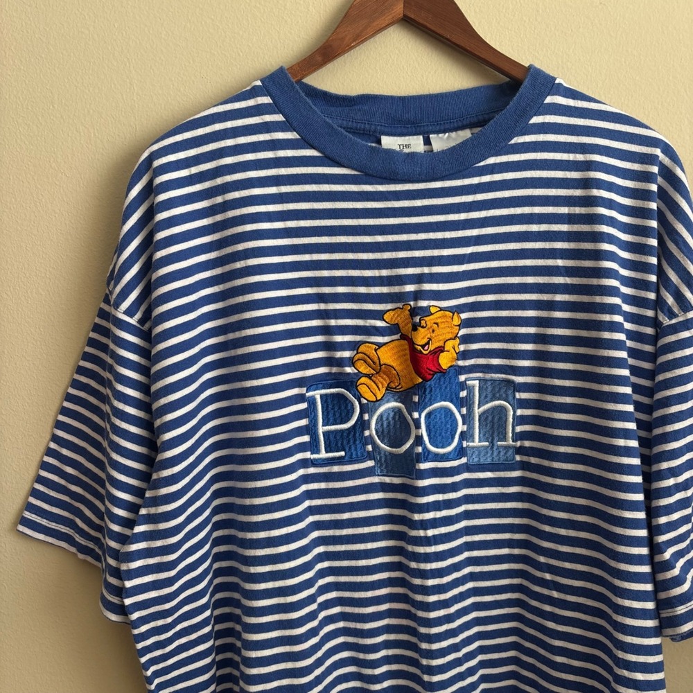 Vintage 1990's The Disney Store Winnie The Pooh Blue Striped Embroidered T Shirt
